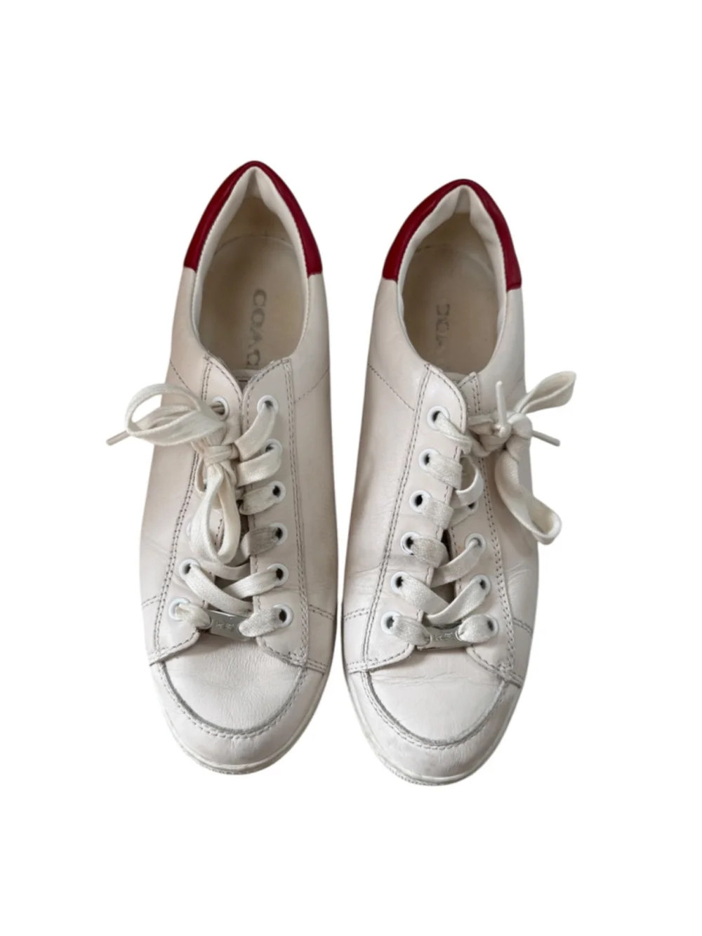 Coach FG1271 Women’s White Leather Low Top Sneakers Red Heel Size 8B